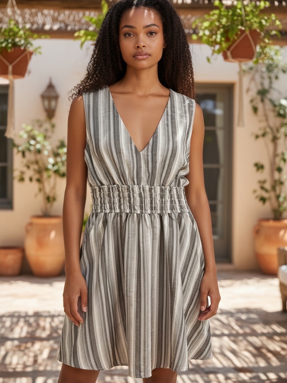 Cupshe Gray and White Striped V-Neck Smocked Waist Mini Dress